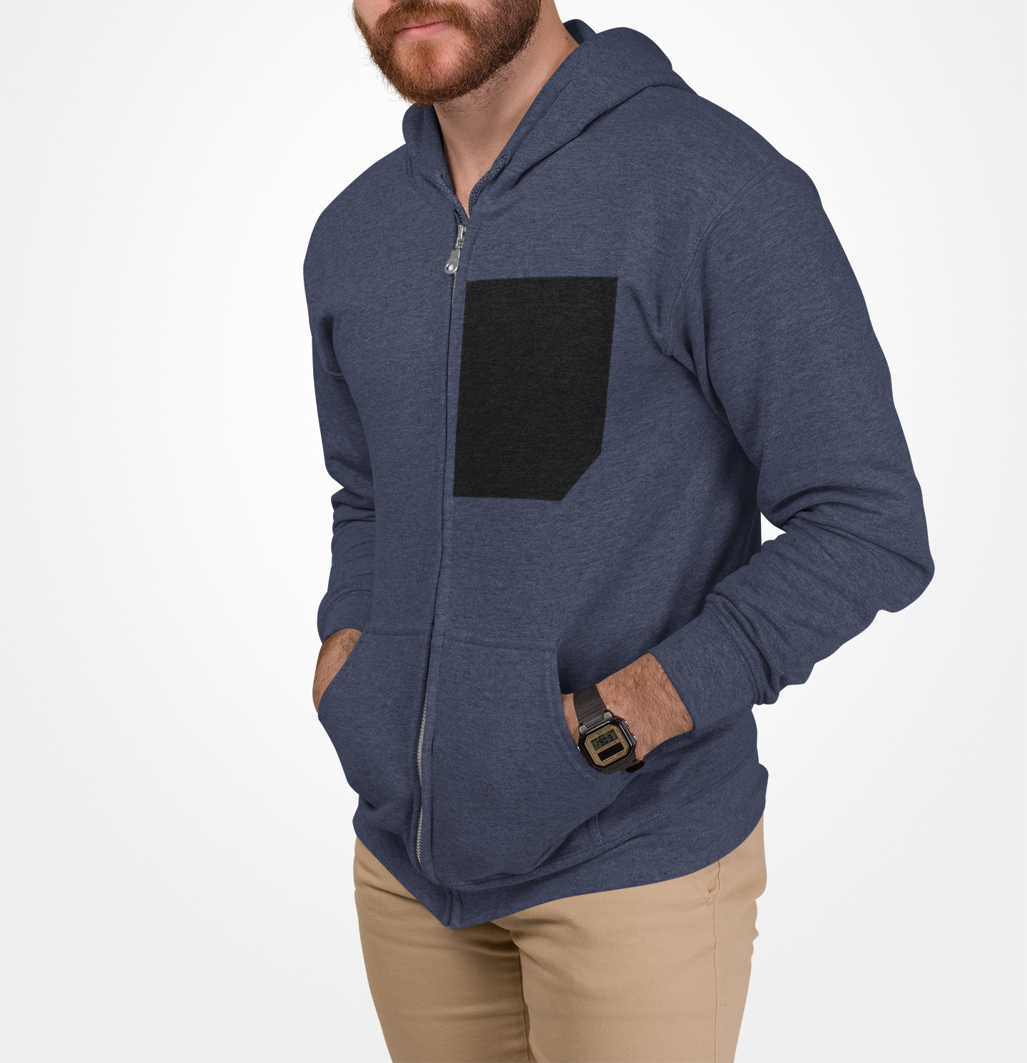 Mens Faux Black Pocket Heavy Blend Zip Up Hoodie featuring a faux print pocket and soft fleece fabric.