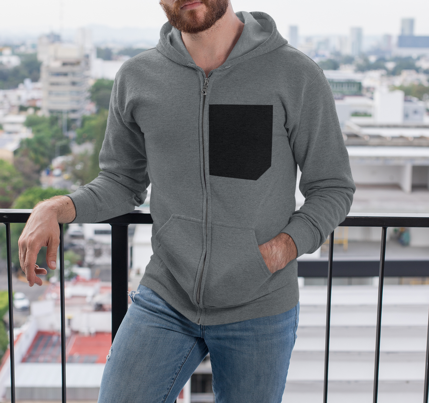 Mens Faux Black Pocket Heavy Blend Zip Up Hoodie featuring a faux print pocket and soft fleece fabric.