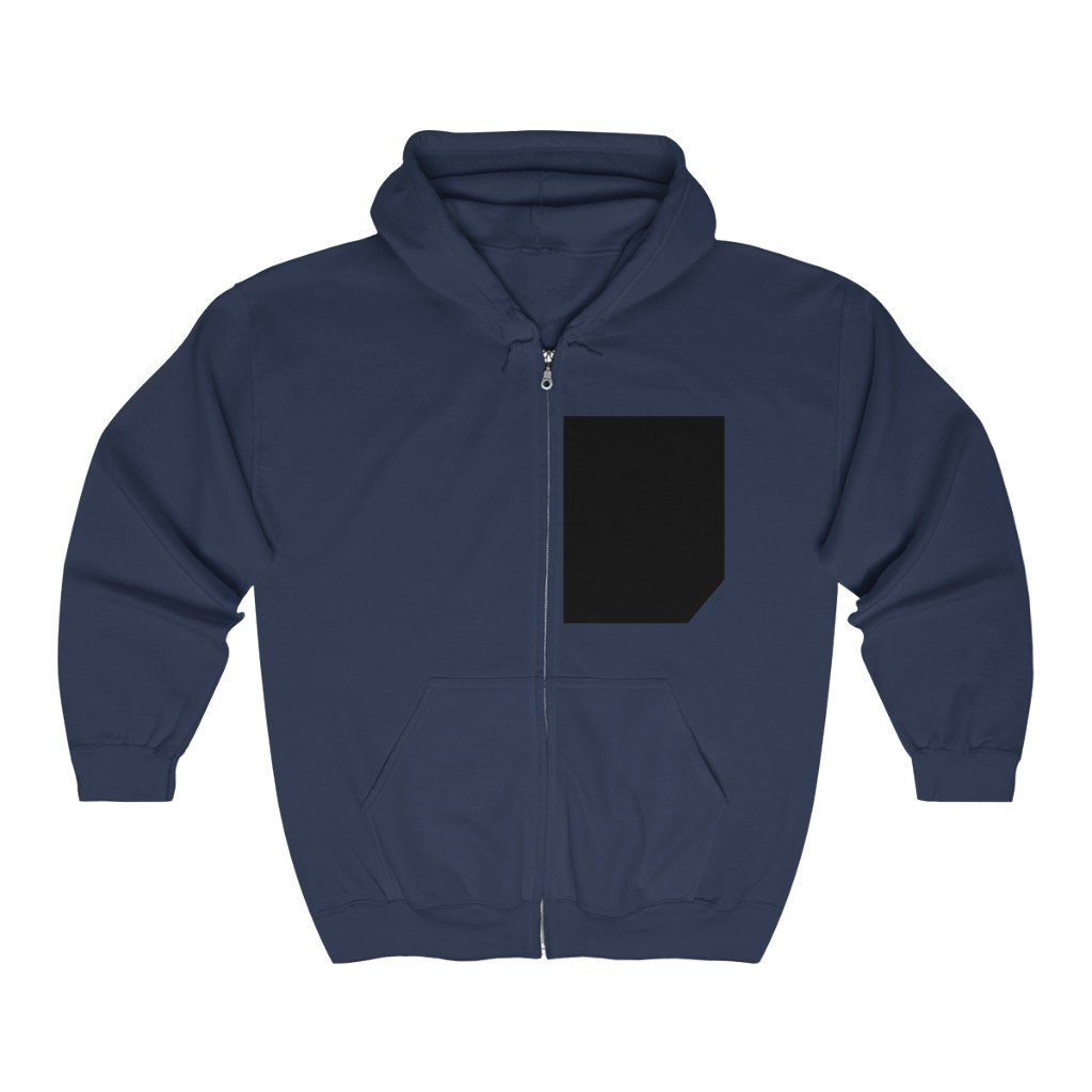 Mens Faux Black Pocket Heavy Blend Zip Up Hoodie featuring a faux print pocket and soft fleece fabric.