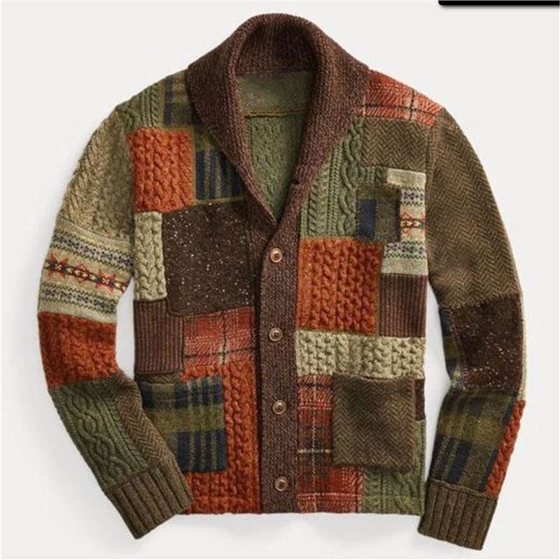 Main Men's Patchwork Colorblock Cardigan – Casual Retro Sweater Coat image
