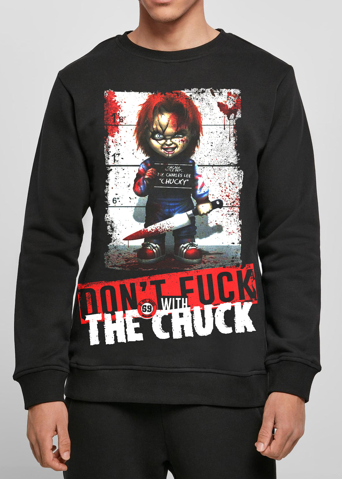 Men's Chucky sweatshirt featuring unique handmade prints and the DPM69 logo, crafted from high-quality jersey cotton.