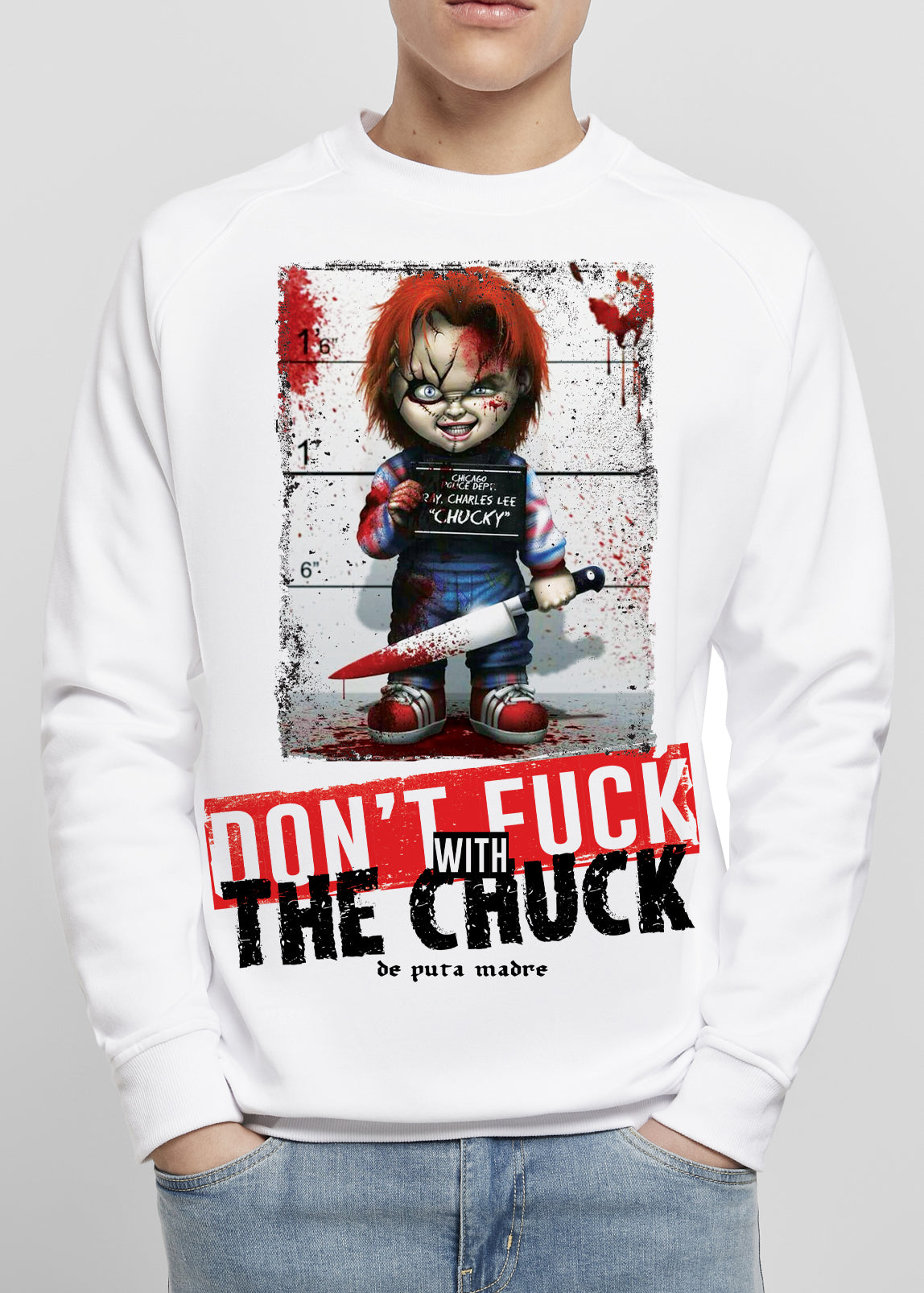 Men's Chucky sweatshirt featuring unique handmade prints and the DPM69 logo, crafted from high-quality jersey cotton.