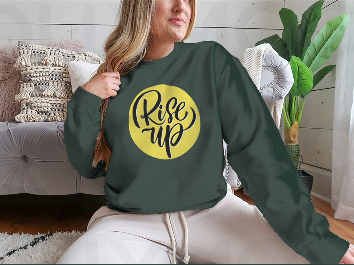 Motivation quote 'Rise Up' Word Shirt design in grey, showcasing its comfortable fit and quality fabric.