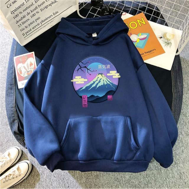 Mount Fuji Hoodie featuring a cartoon design, available in various colors, made from soft fleece material, perfect for autumn and winter wear.