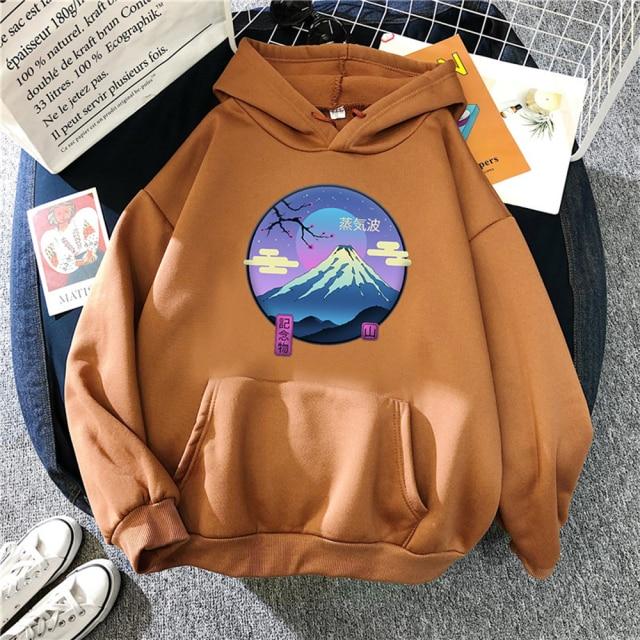Mount Fuji Hoodie featuring a cartoon design, available in various colors, made from soft fleece material, perfect for autumn and winter wear.