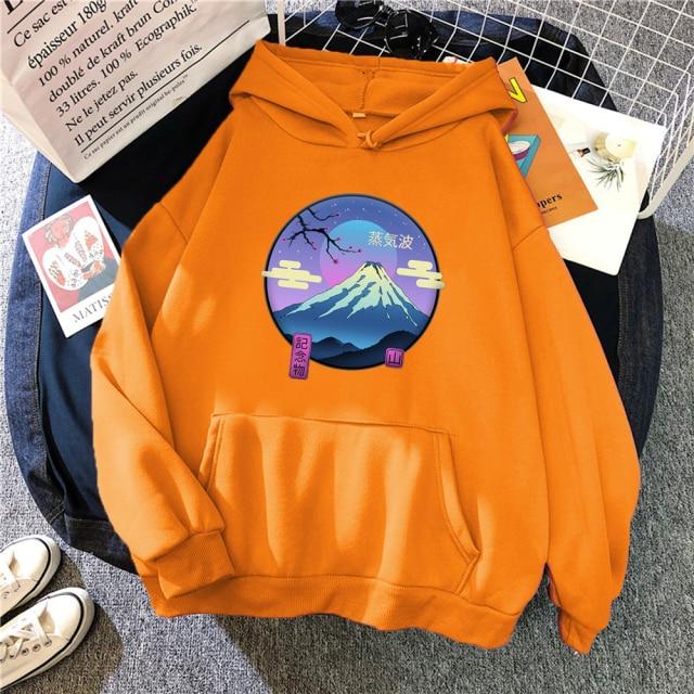 Mount Fuji Hoodie featuring a cartoon design, available in various colors, made from soft fleece material, perfect for autumn and winter wear.