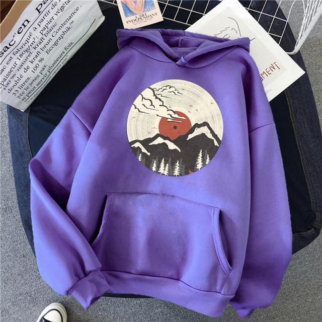 Mount Fuji Hoodie featuring a cartoon design, available in various colors, made from soft fleece material, perfect for autumn and winter wear.