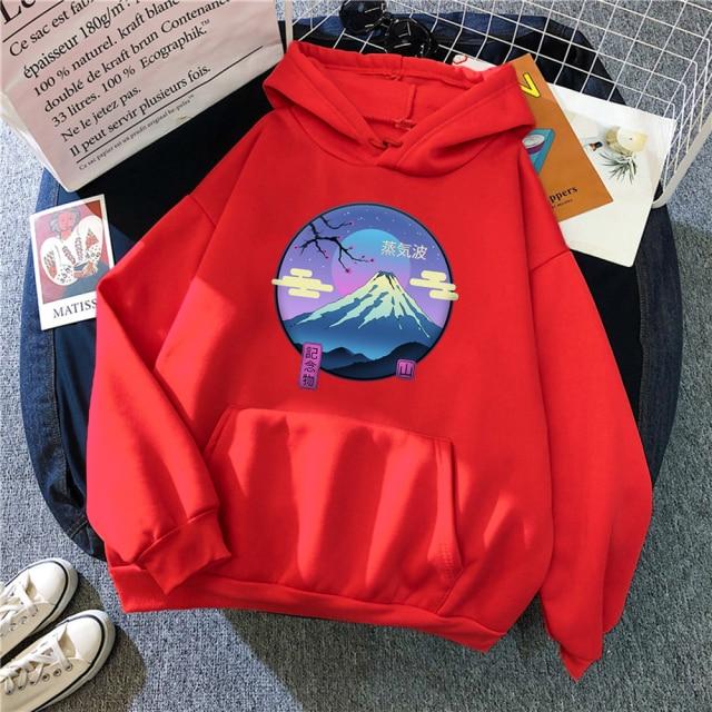 Mount Fuji Hoodie featuring a cartoon design, available in various colors, made from soft fleece material, perfect for autumn and winter wear.