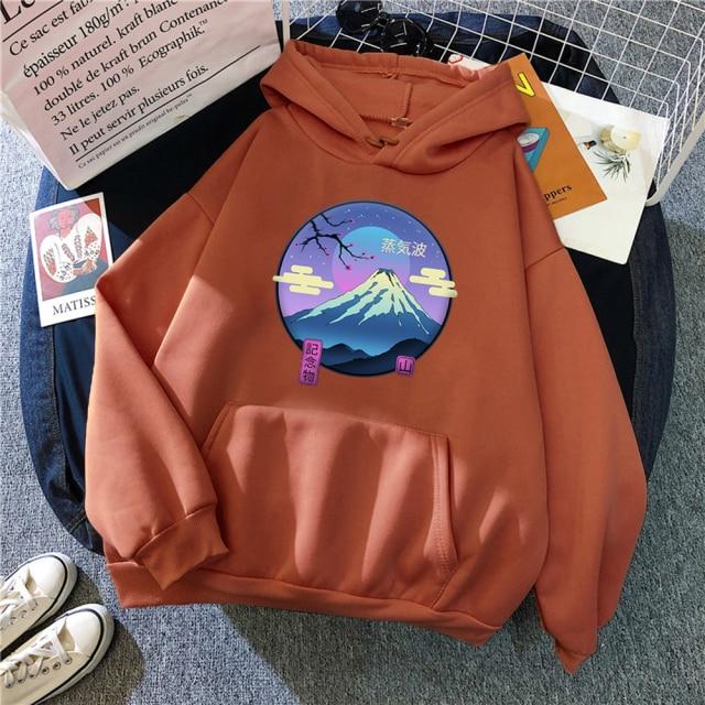 Mount Fuji Hoodie featuring a cartoon design, available in various colors, made from soft fleece material, perfect for autumn and winter wear.
