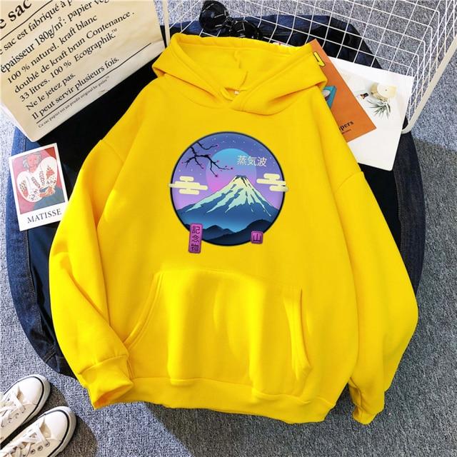 Mount Fuji Hoodie featuring a cartoon design, available in various colors, made from soft fleece material, perfect for autumn and winter wear.