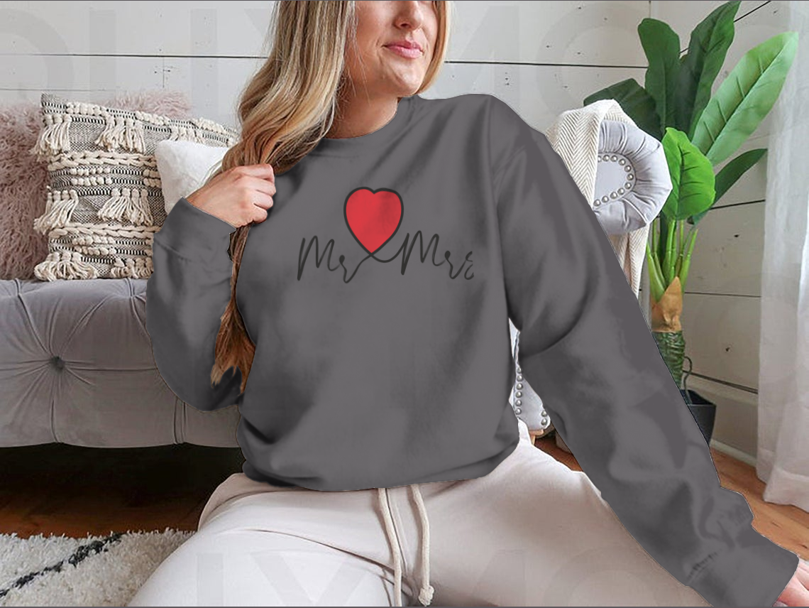 Mr And Mrs Wedding Decoration Sweatshirt featuring heart motifs, made from soft cotton fabric.