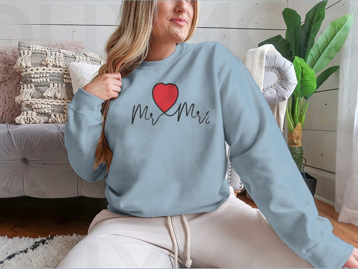Mr And Mrs Wedding Decoration Sweatshirt featuring heart motifs, made from soft cotton fabric.