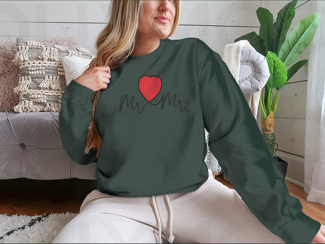 Mr And Mrs Wedding Decoration Sweatshirt featuring heart motifs, made from soft cotton fabric.