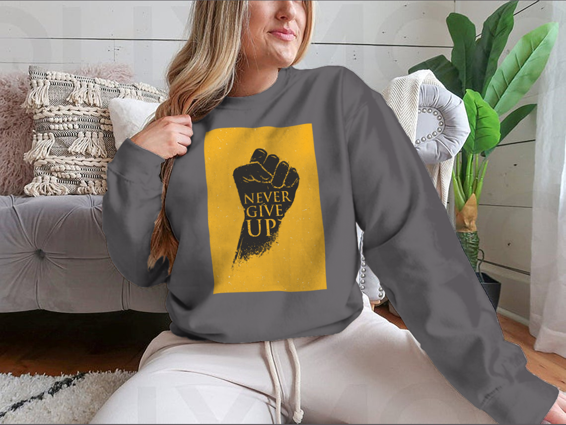 A stylish sweatshirt featuring the motivational phrase 'Never Give Up' in bold lettering, made from a comfortable cotton/polyester blend.