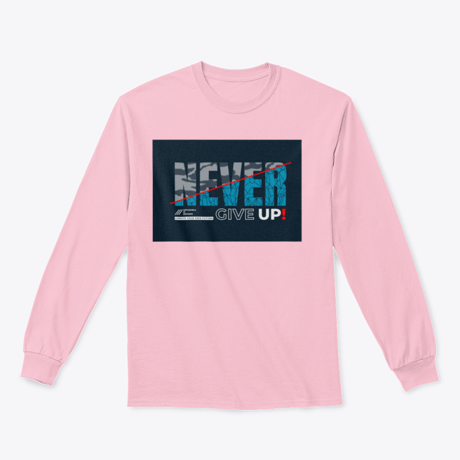 A stylish 'Never Give Up' motivational T-shirt made from 100% cotton, featuring modern typography in a classic fit.