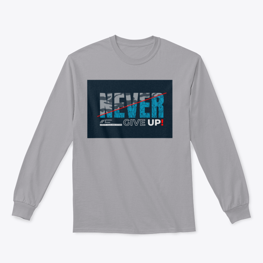 A stylish 'Never Give Up' motivational T-shirt made from 100% cotton, featuring modern typography in a classic fit.