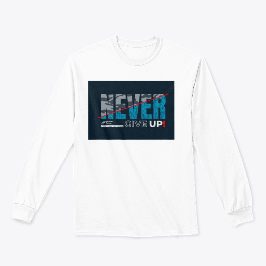 A stylish 'Never Give Up' motivational T-shirt made from 100% cotton, featuring modern typography in a classic fit.