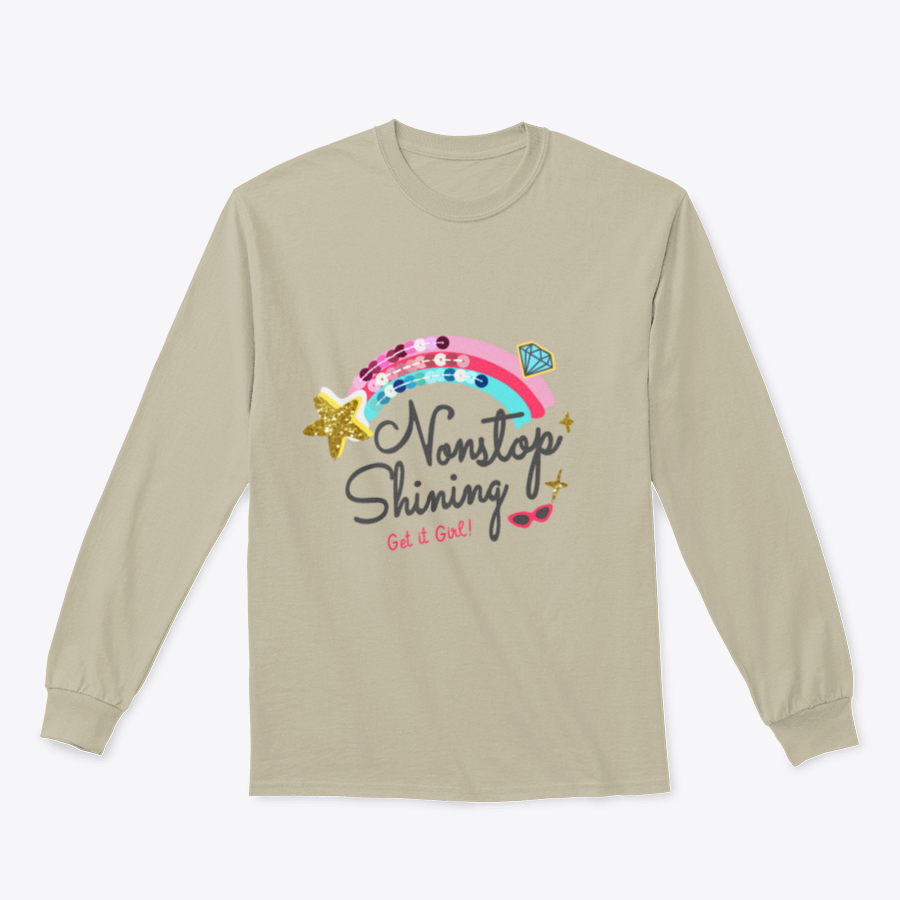 Nonstop Shining Slogan T-shirt featuring sequins, rainbow colors, and cute icons, showcasing a vibrant and playful design.