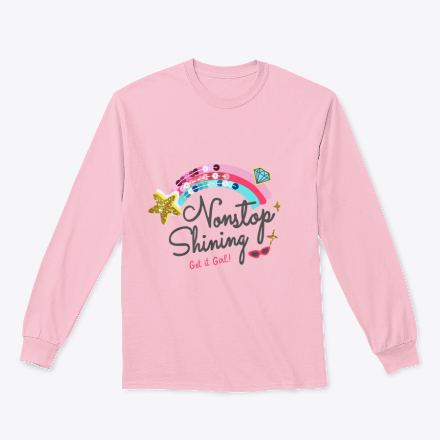 Nonstop Shining Slogan T-shirt featuring sequins, rainbow colors, and cute icons, showcasing a vibrant and playful design.