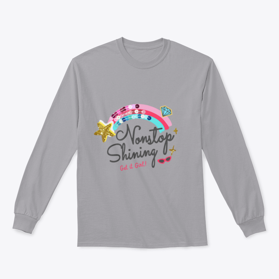 Nonstop Shining Slogan T-shirt featuring sequins, rainbow colors, and cute icons, showcasing a vibrant and playful design.
