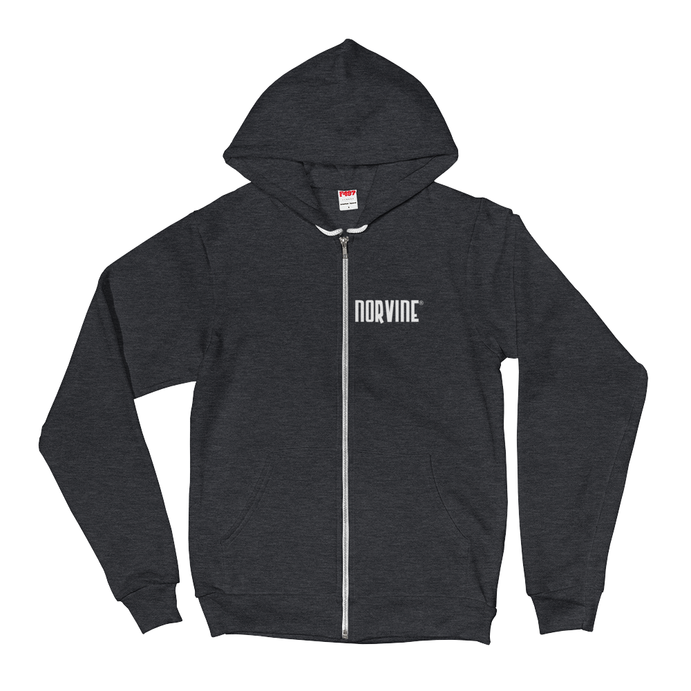 Norvine Zipped AA Hoodie featuring a small logo on the front and a large logo on the back, made from soft Flex Fleece fabric with a metal zipper and kangaroo pocket.