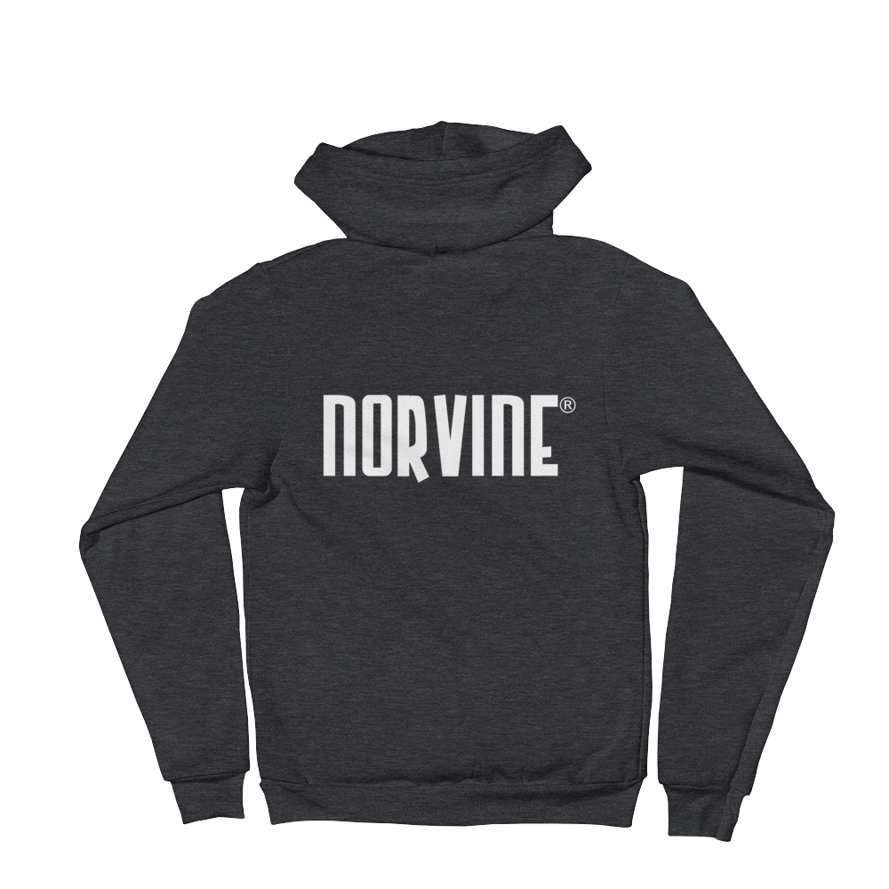 Norvine Zipped AA Hoodie featuring a small logo on the front and a large logo on the back, made from soft Flex Fleece fabric with a metal zipper and kangaroo pocket.