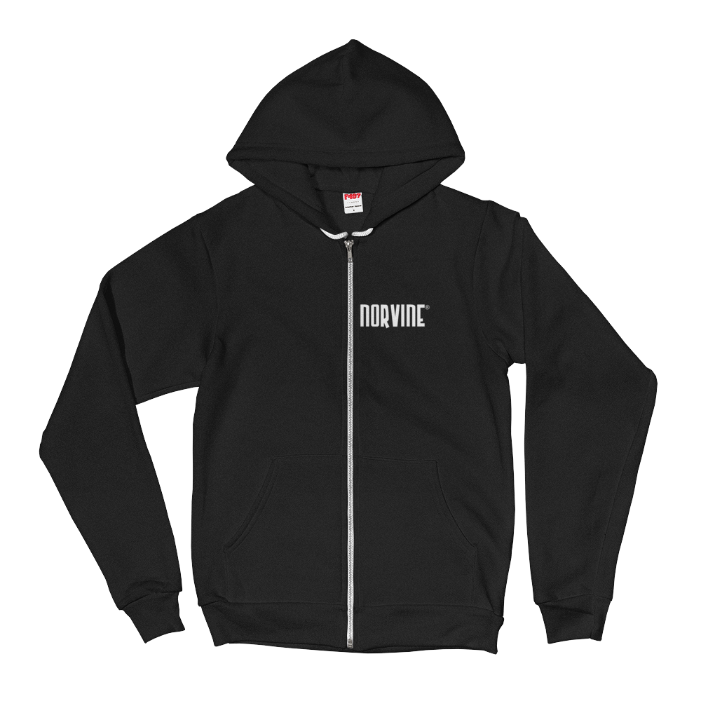 Norvine Zipped AA Hoodie featuring a small logo on the front and a large logo on the back, made from soft Flex Fleece fabric with a metal zipper and kangaroo pocket.