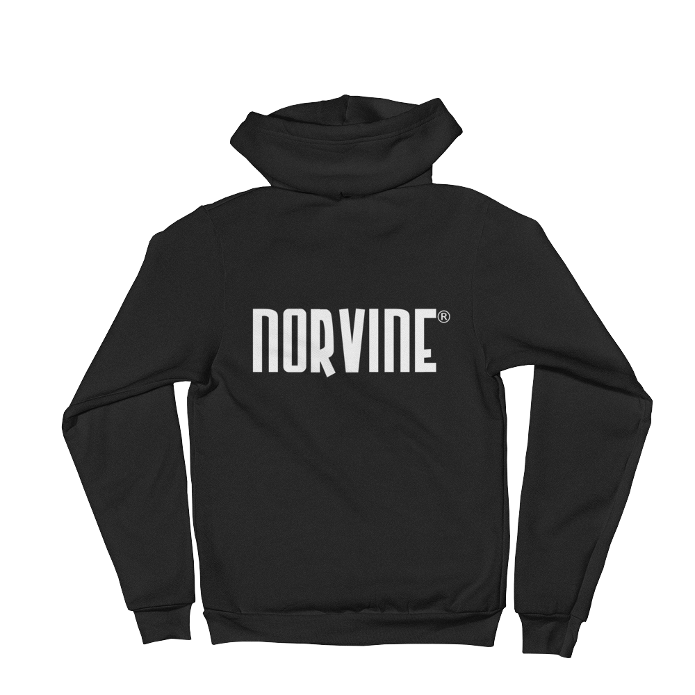 Norvine Zipped AA Hoodie featuring a small logo on the front and a large logo on the back, made from soft Flex Fleece fabric with a metal zipper and kangaroo pocket.