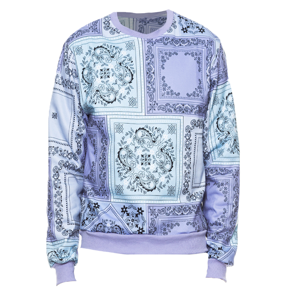 A stylish paisley all over print crewneck sweatshirt featuring a round neck and ribbed cuffs, perfect for casual wear.