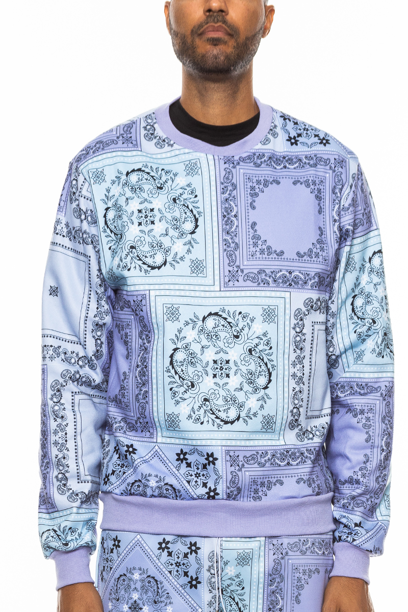A stylish paisley all over print crewneck sweatshirt featuring a round neck and ribbed cuffs, perfect for casual wear.
