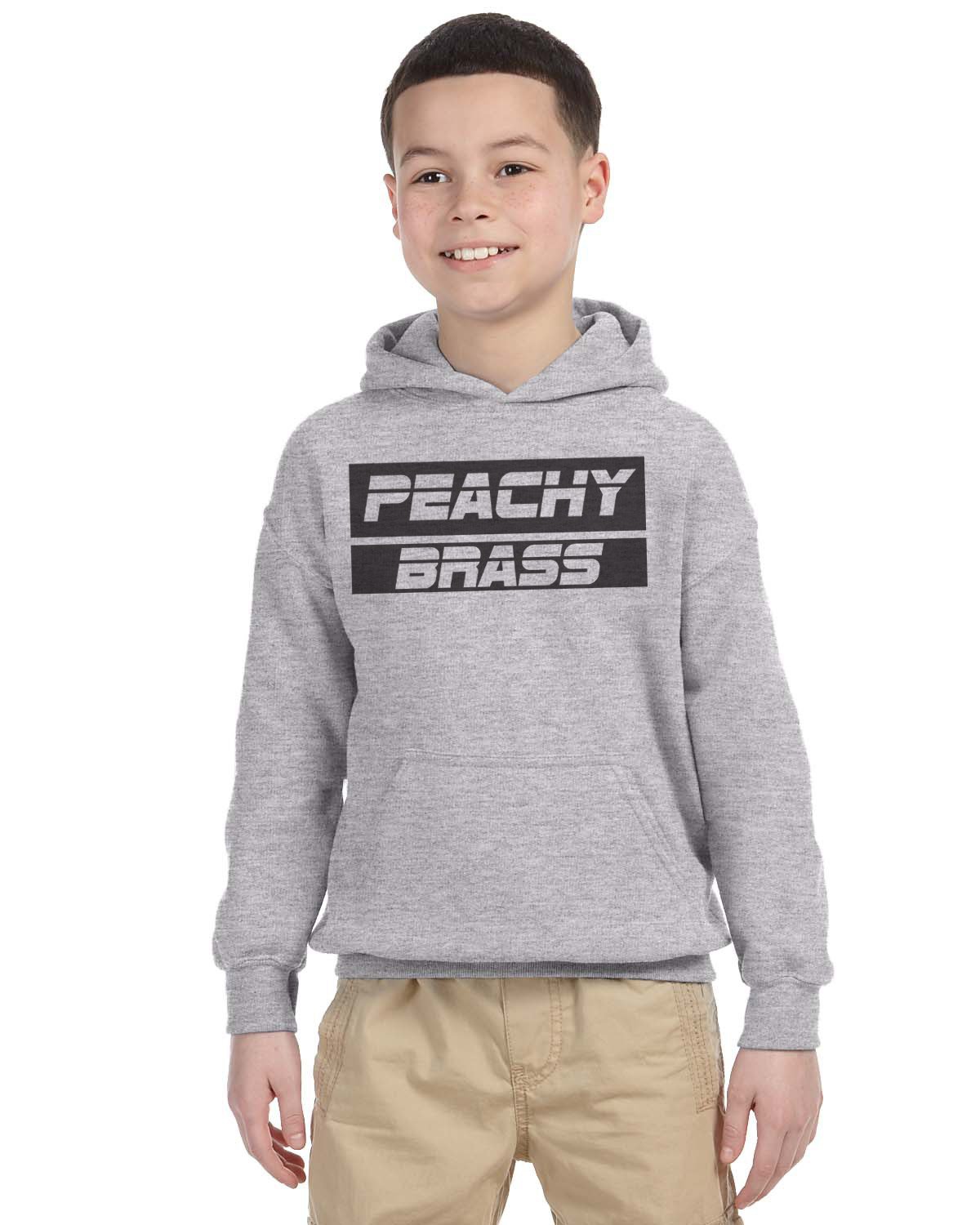 Peachy Brass hoodie in black featuring gold lettering and logo, showcasing stylish design and comfortable fit.