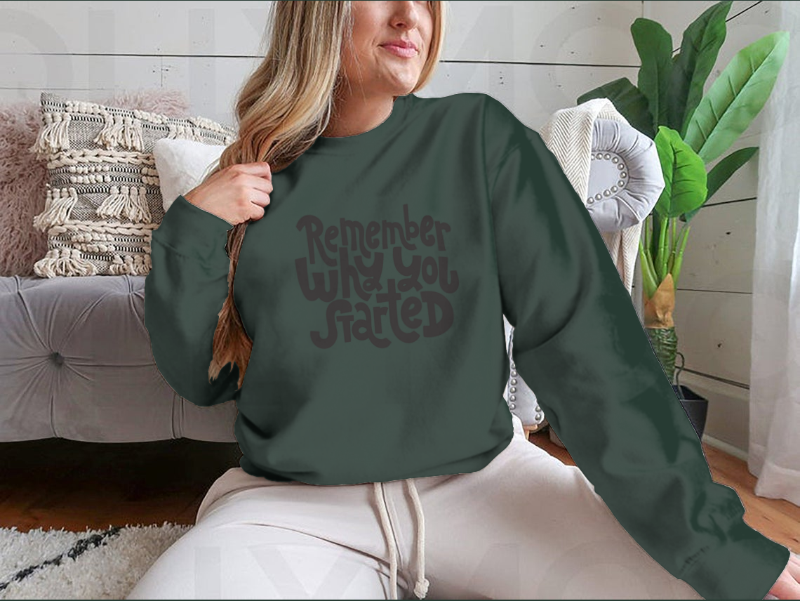 A cozy sweatshirt featuring the motivational quote 'Remember Why You Started', designed for comfort and style.