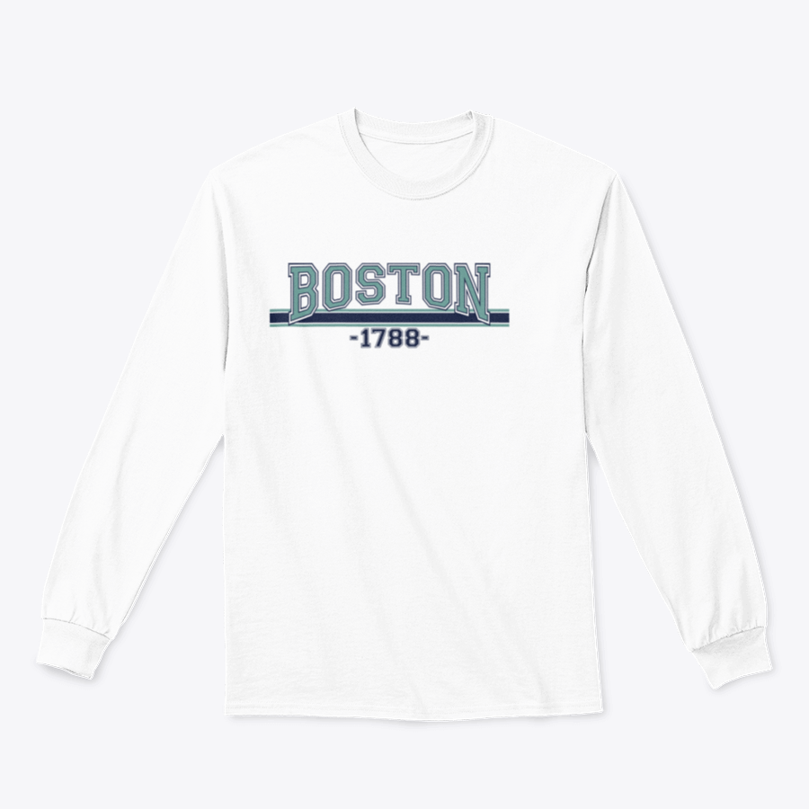 Retro College Varsity Font Typography apparel featuring Boston city slogan, made from 100% cotton, showcasing a classic fit and stylish design.