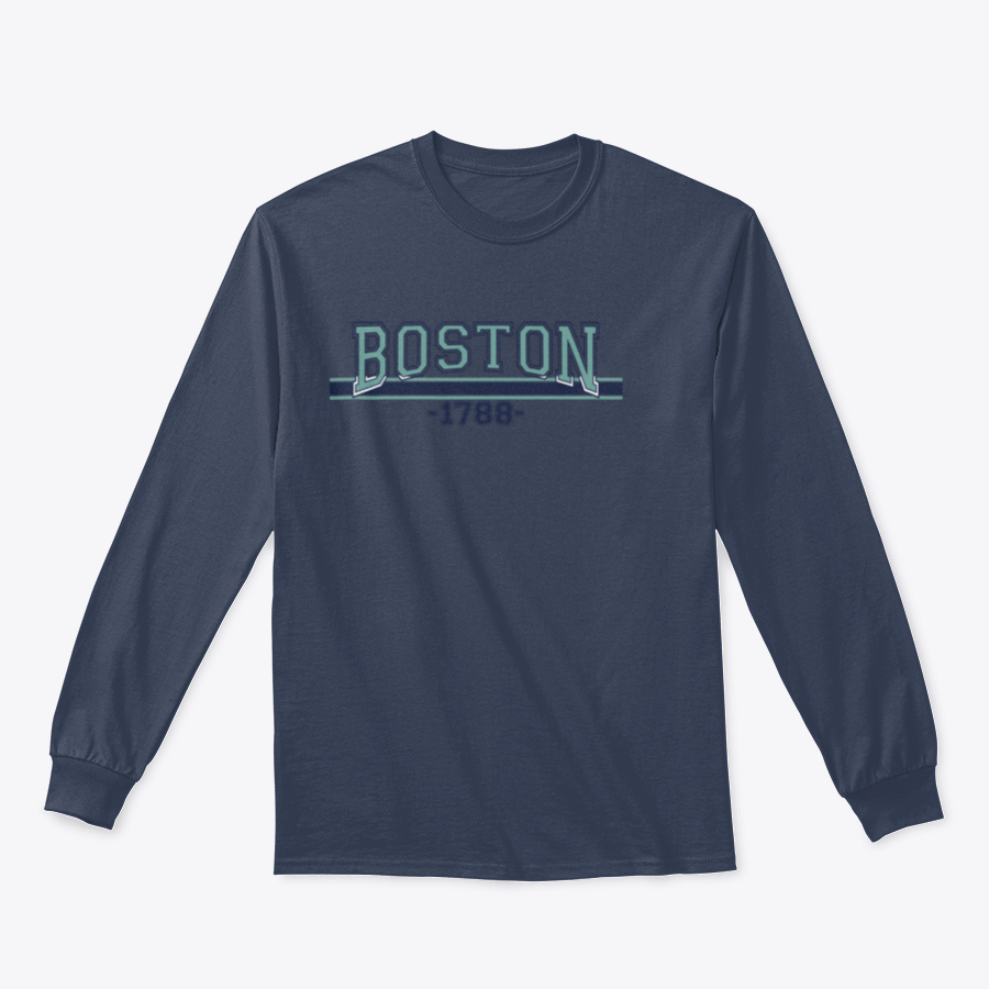 Retro College Varsity Font Typography apparel featuring Boston city slogan, made from 100% cotton, showcasing a classic fit and stylish design.