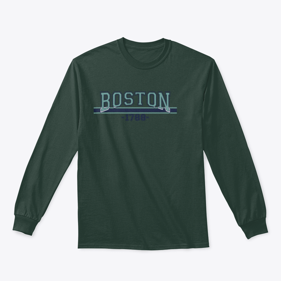 Retro College Varsity Font Typography apparel featuring Boston city slogan, made from 100% cotton, showcasing a classic fit and stylish design.