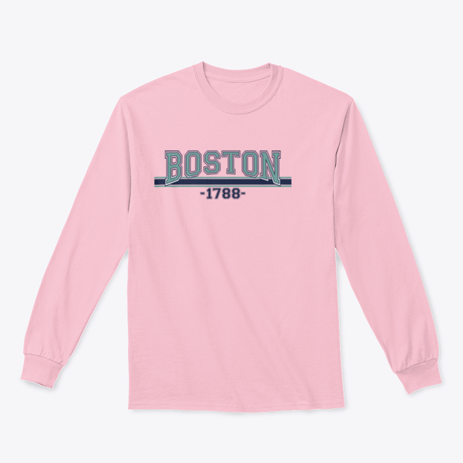 Retro College Varsity Font Typography apparel featuring Boston city slogan, made from 100% cotton, showcasing a classic fit and stylish design.