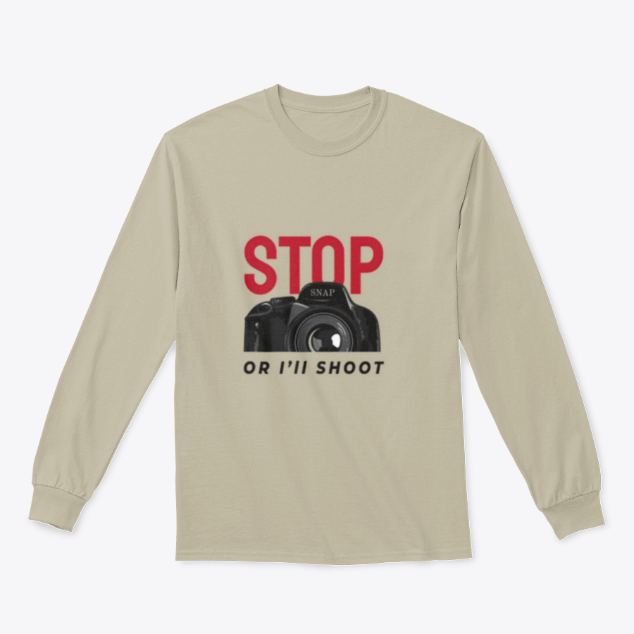 A stylish t-shirt featuring a camera illustration and a catchy slogan, made from 100% cotton for comfort.