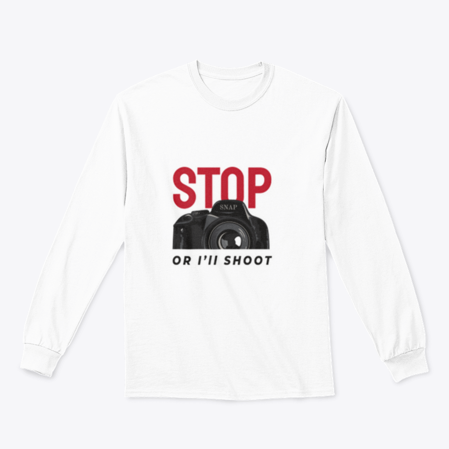 A stylish t-shirt featuring a camera illustration and a catchy slogan, made from 100% cotton for comfort.