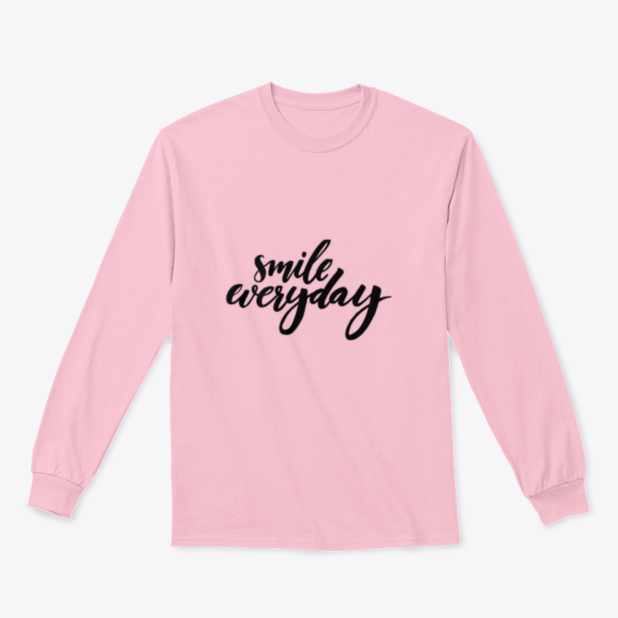 A black sweatshirt featuring the inspirational phrase 'Smile Everyday' in bold white brush lettering on a clean background.