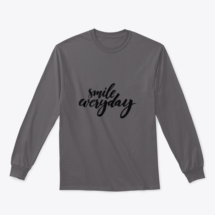 A black sweatshirt featuring the inspirational phrase 'Smile Everyday' in bold white brush lettering on a clean background.