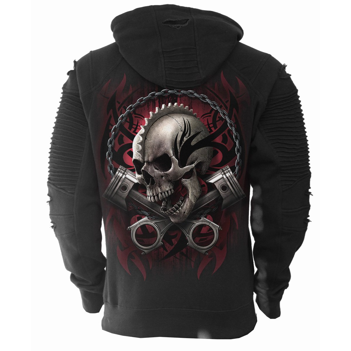SOUL RIDER Premium Biker Fashion Mens Hoodie featuring demonic graphics and layered piping design, made from 100% cotton fleece.