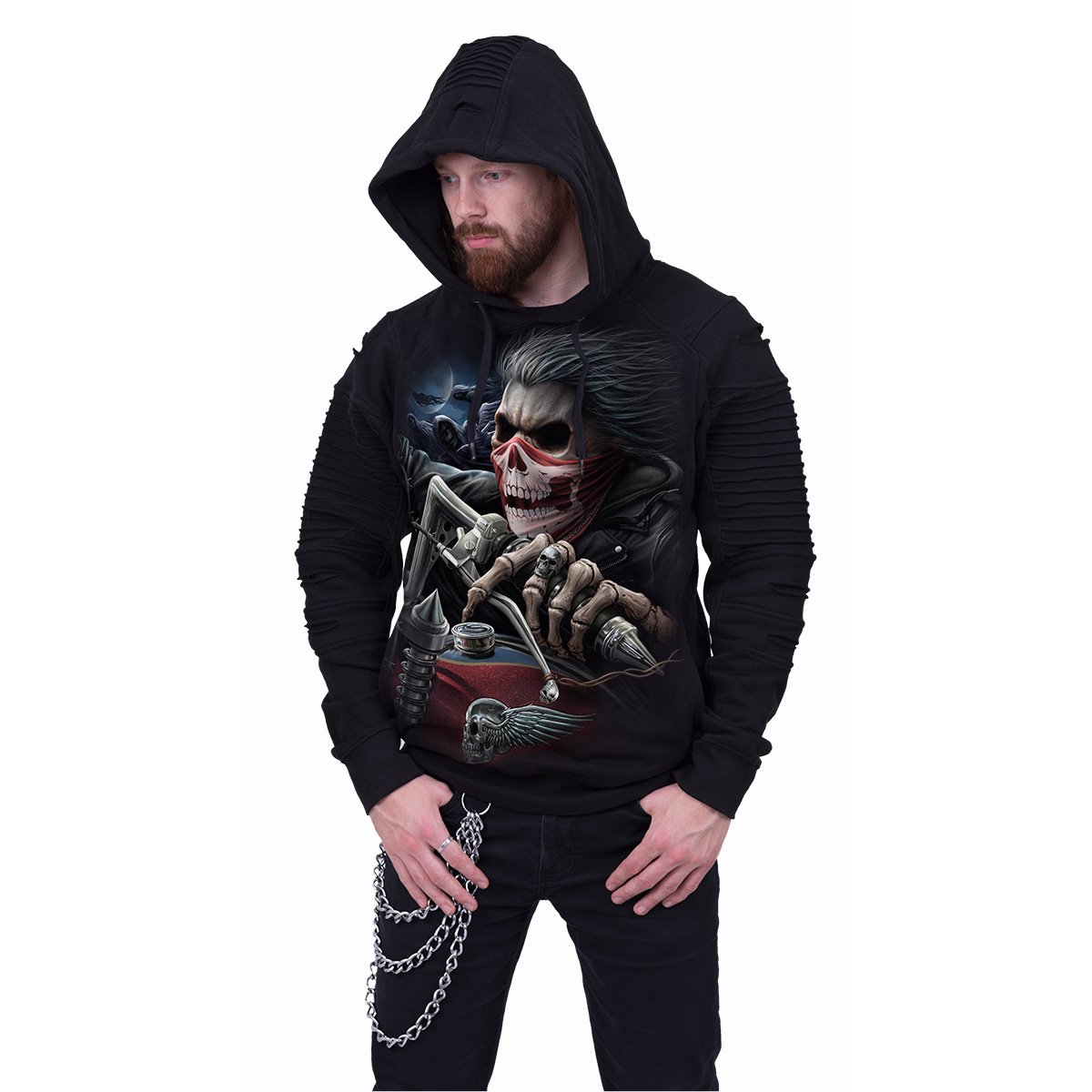 SOUL RIDER Premium Biker Fashion Mens Hoodie featuring demonic graphics and layered piping design, made from 100% cotton fleece.