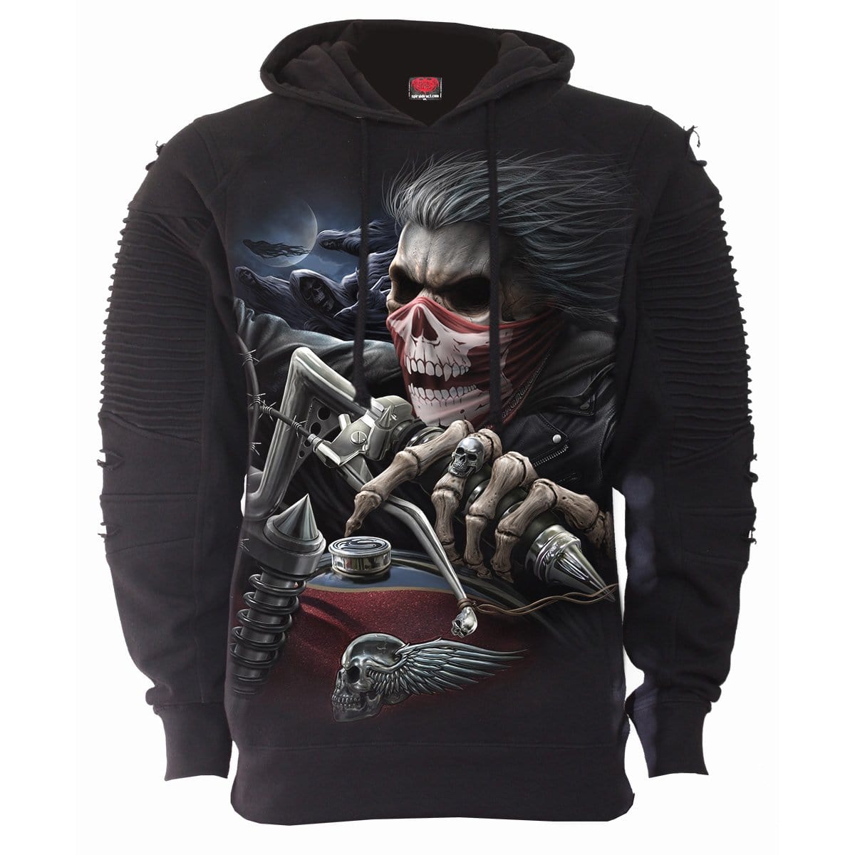 SOUL RIDER Premium Biker Fashion Mens Hoodie featuring demonic graphics and layered piping design, made from 100% cotton fleece.