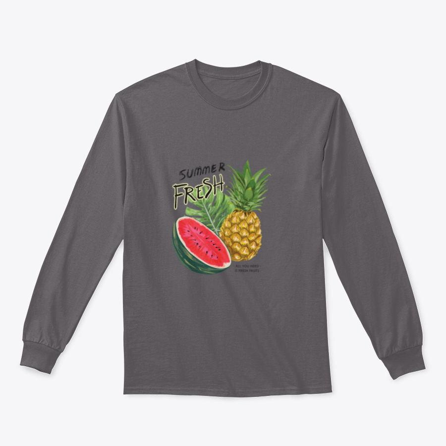 A vibrant summer fruits illustration featuring colorful fruits like watermelon, pineapple, and strawberries on a stylish cotton fabric.