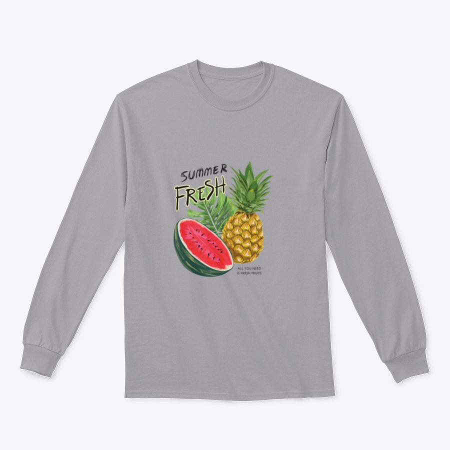 A vibrant summer fruits illustration featuring colorful fruits like watermelon, pineapple, and strawberries on a stylish cotton fabric.