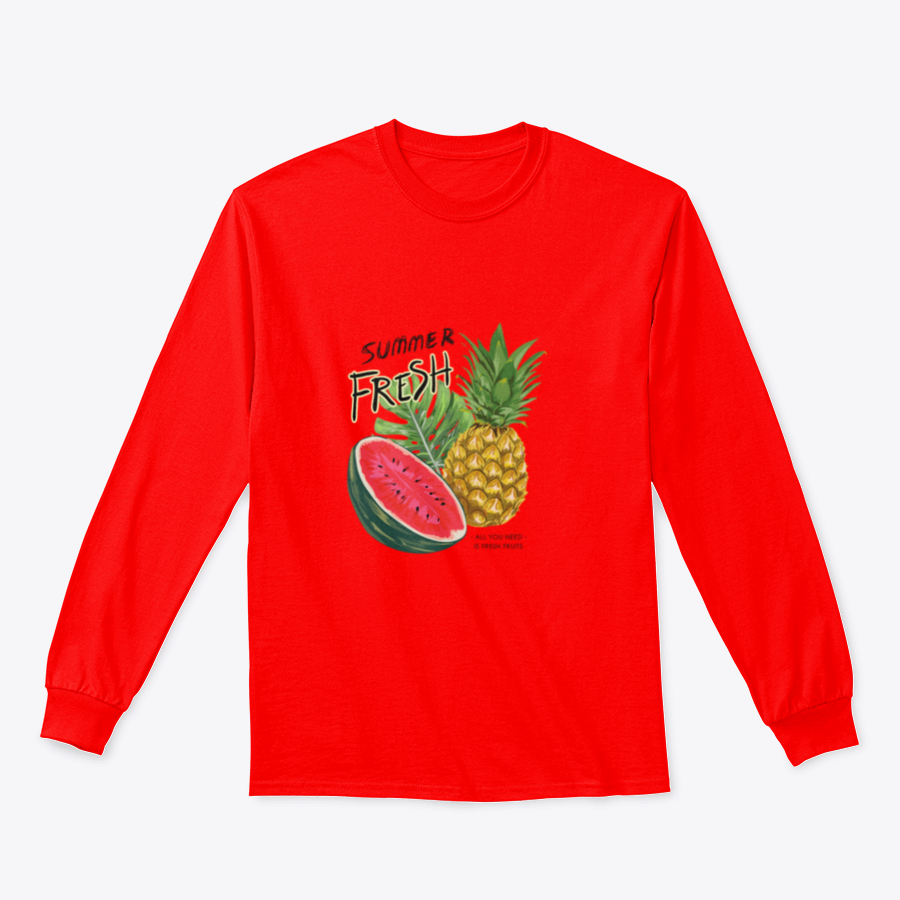 A vibrant summer fruits illustration featuring colorful fruits like watermelon, pineapple, and strawberries on a stylish cotton fabric.