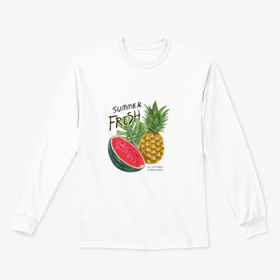 A vibrant summer fruits illustration featuring colorful fruits like watermelon, pineapple, and strawberries on a stylish cotton fabric.