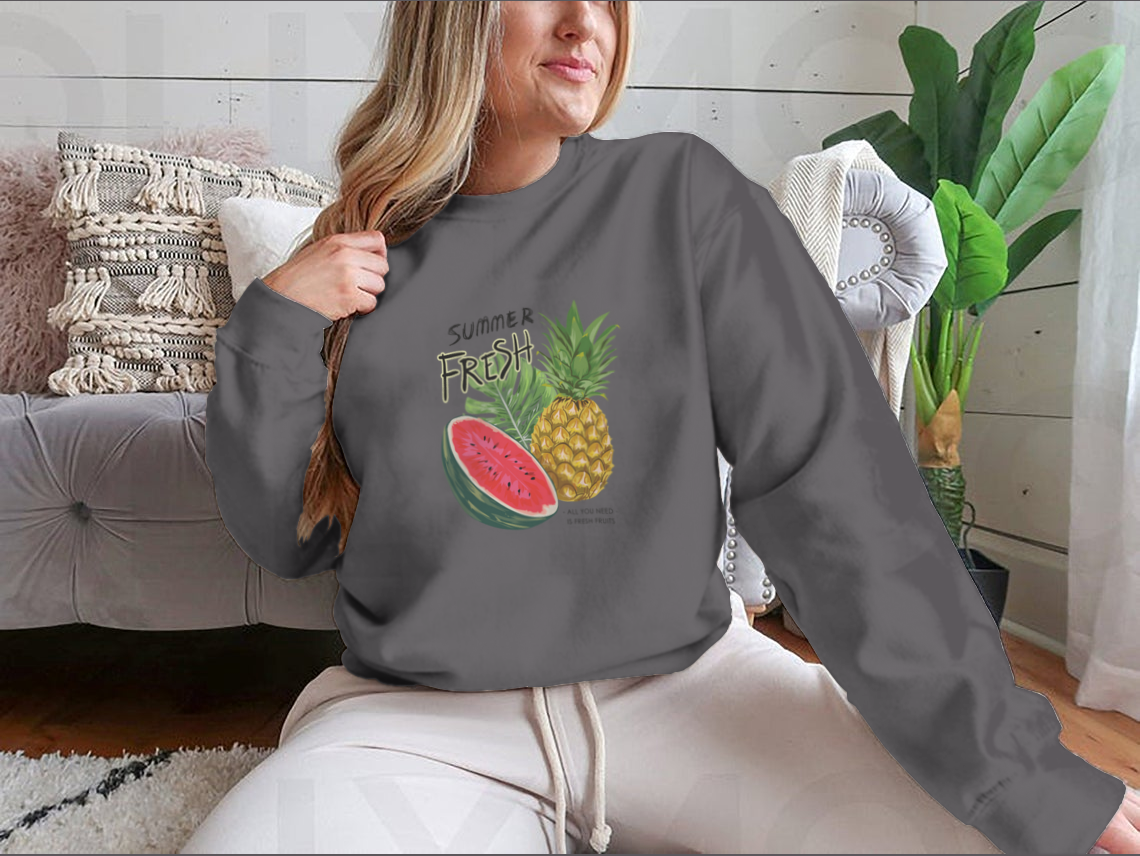 A vibrant summer fruits illustration featuring colorful fruits like watermelon, pineapple, and strawberries on a stylish cotton fabric.