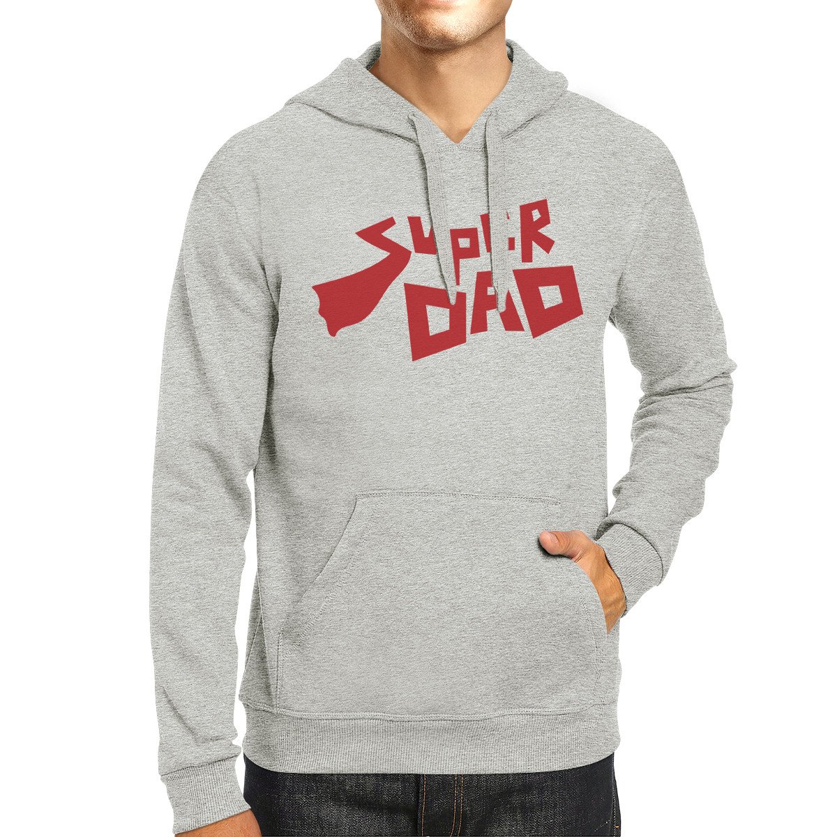 Super Dad Unisex Grey Cotton Hoodie displayed on a hanger, showcasing its soft fabric and unique design.