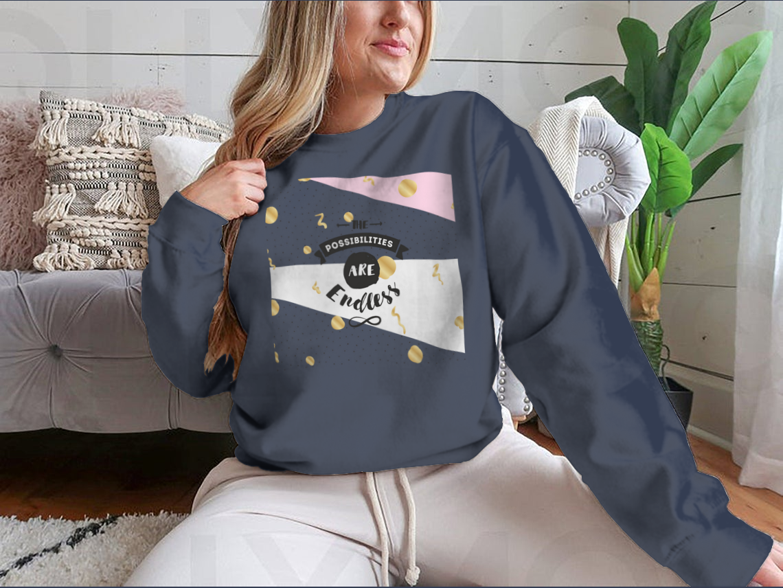 A cozy sweatshirt featuring the inspirational quote 'The Possibilities Are Endless' in stylish typography, perfect for casual wear.